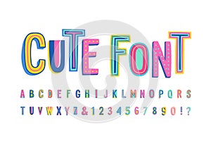 Uppercase cute alphabet font. Letters, numbers and symbols. Vector