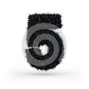 Uppercase fluffy and furry black font. Digit five. 3D