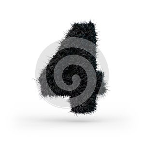 Uppercase fluffy and furry black font. Digit four. 3D