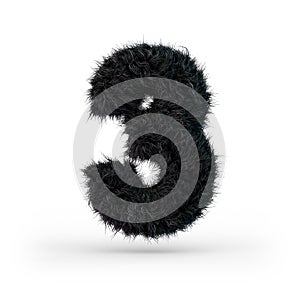 Uppercase fluffy and furry black font. Digit three. 3D