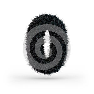 Uppercase fluffy and furry black font. Digit zero. 3D