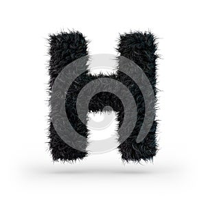 Uppercase fluffy and furry black font. Letter H. 3D