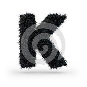 Uppercase fluffy and furry black font. Letter K. 3D