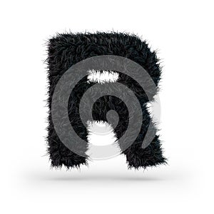 Uppercase fluffy and furry black font. Letter R. 3D