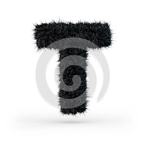 Uppercase fluffy and furry black font. Letter T. 3D