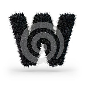 Uppercase fluffy and furry black font. Letter W. 3D