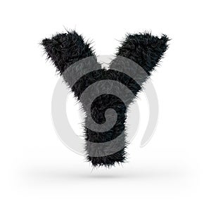 Uppercase fluffy and furry black font. Letter Y. 3D