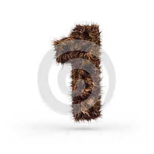 Uppercase fluffy and furry font. Digit one. 3D