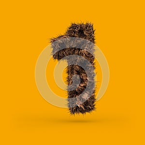 Uppercase fluffy and furry font. Digit one. 3D