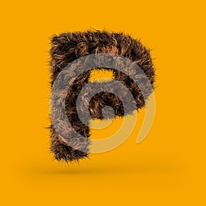 Uppercase fluffy and furry font. Letter P. 3D