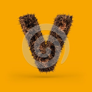 Uppercase fluffy and furry font. Letter V. 3D