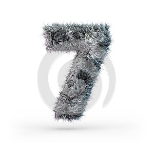 Uppercase fluffy and furry gray font. Digit seven. 3D