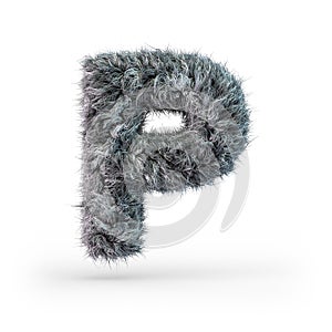Uppercase fluffy and furry gray font. Letter P. 3D