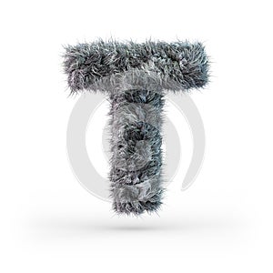 Uppercase fluffy and furry gray font. Letter T. 3D