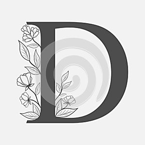 Uppercase Letter D with flowers and branches. Vector flowered monograms or logos. Hand Drawn concept. Botanical design branding.