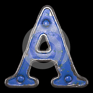 Uppercase letter A made of painted metal with blue rivets on black background. 3d