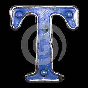 Uppercase letter T made of painted metal with blue rivets on black background. 3d