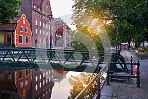 Uppsala, Sweden. Old metal bridge over Fyris river in the evening