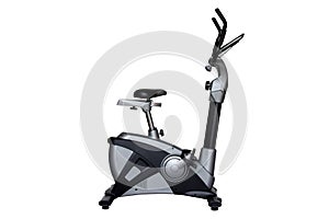 Upright bike for exercise in gym or fitness isolated on white background.