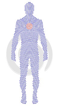 Upright blue silhouette of body with radial dot pattern