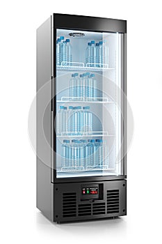 Upright refrigerated cabinet with glass door. Water bottles on s photo