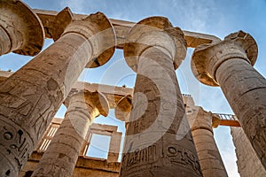 Upright view at the ancient pillars in Karnak Temple Complex, Luxor, Egypt