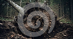 Uprooted Tree with Exposed Roots in Forest Scene