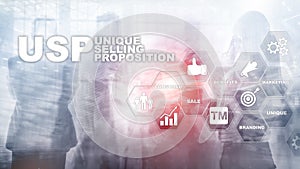 UPS - Unique selling propositions. Business and finance concept on a virtual structured screen. Mixed media