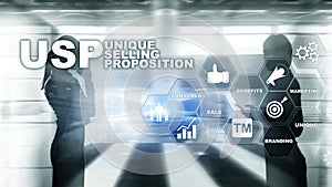 UPS - Unique selling propositions. Business and finance concept on a virtual structured screen. Mixed media