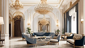 An upscale boutique hotel lobby,