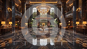 upscale event space, opulent chandeliers and marble floors adorn a luxurious lobby, creating a grand and elegant photo