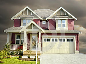 Upscale Home House Maison Red Siding Exterior Cloudy Dark Sky Background