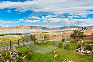 Upscale hotel and Inviting Courtyard and garden on Titikaka, Peru in South America