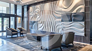 In an upscale hotel lobby Acoustic Artistry panels are installed on the walls creating a dynamic and artistic display