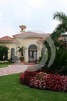 Upscale House with flowerbed and tropical foliage