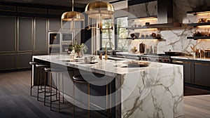 An upscale kitchen featuring marble countertops.