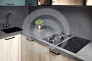 Upscale modern flat design Aqua Menthe kitchen in luxury home with induction electric hob flat oak or walnut wooden