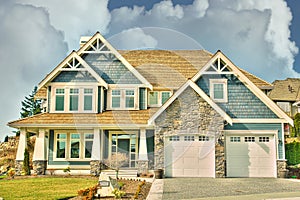 Upscale Suburban Home House Maison Front Exterior Cumulus Sky Background