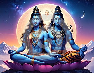 An artistic rendering of the Hindu god and goddess Shiva and Parvati. Generated image