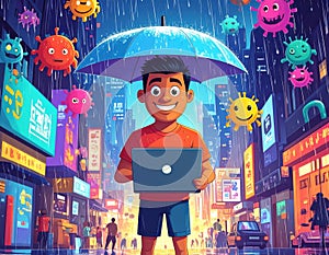 A Clipart featuring a boy holding an umbrella above him to protect the computer from Viruses. Generated image