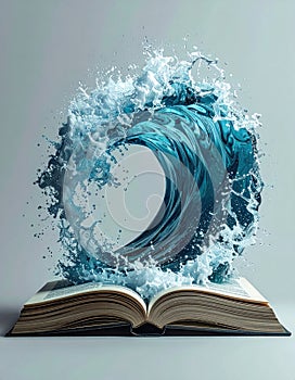 A giant, realistic ocean wave bursting from the pages of an open book, water droplets suspended in air Generated image