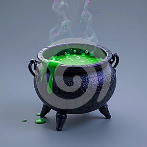 Witch's Cauldron with Bubbling Green Potion â 3D Magic Brew with Steam on Neutral Background