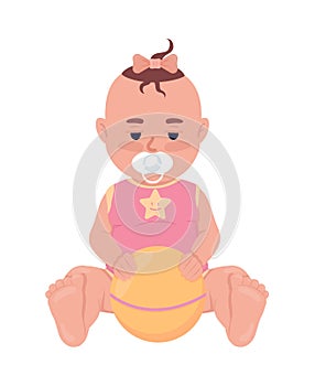 Upset baby girl with ball semi flat color vector character