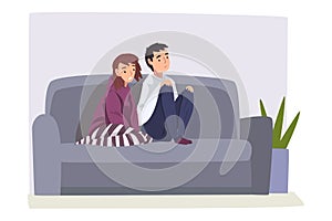 Upset Bored Family Couple Sitting on Couch, Young Man and Woman Spending Time Together at Home Vector Illustration