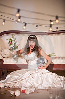 Upset Bride Wielding a Wedding Bouquet and Yelling