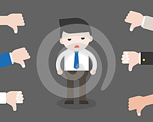 Upset business man with hands thumps down, flat design vector wi