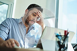 Worried Businessman Got Virus and Data Loss on Laptop Computer photo