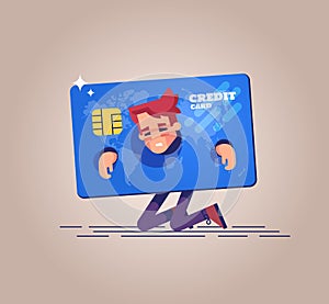 The upset businessman is kneeling and shackled in fetters in the form of a credit card. Vector illustration.