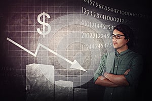 Upset businessman looking focused to a decreasing financial graph. Man analyst gives negative economic prognosis, global stock