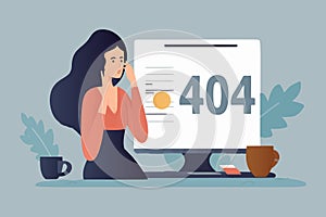 Upset businesswoman encounters, page not found, issue. Displeased female worker faces 404 error message at work. Vector image
